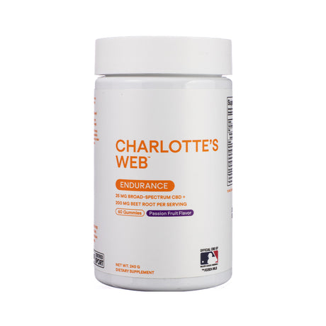 Front-facing label of Charlotte’s Web Endurance Gummies, 60-count bottle, with bright orange label design, sporty graphics, and endurance-support ingredients like Cordyceps and Ginseng featured prominently.
