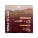 Product image of Charlotte's Web Energy Support with Cordyceps & Shiitake Mushroom Gummy, 6-count pouch, vibrant gold packaging with mushroom icons and energy-enhancing claims clearly displayed.