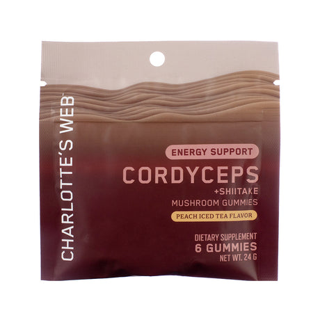 Product image of Charlotte's Web Energy Support with Cordyceps & Shiitake Mushroom Gummy, 6-count pouch, vibrant gold packaging with mushroom icons and energy-enhancing claims clearly displayed.