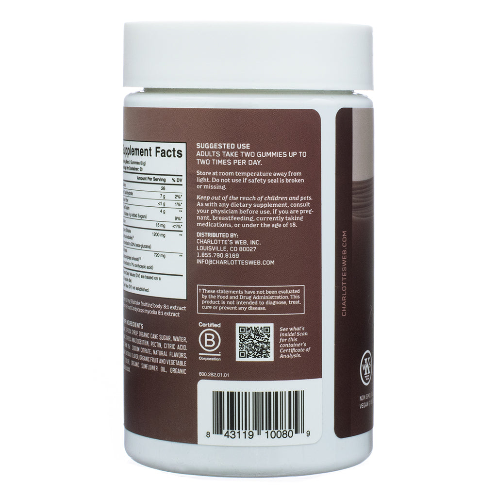 The back label of Charlotte's Web Energy Support with Cordyceps and Shiitake Mushroom Gummy, 60 gummies, peach iced tea flavor. Instructions advise adults to take two gummies up to two times per day. The label also includes storage instructions, a caution for children and pets, and a disclaimer that the FDA has not evaluated the product. Distributed by Charlotte’s Web, Inc., Louisville, CO, with a QR code for a certificate of analysis.