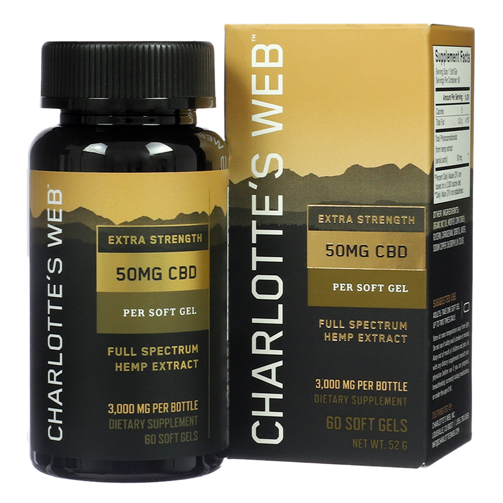 Front label view of Charlotte's Web Extra Strength CBD Soft Gels 50mg 60 Count, featuring bottle and box with full spectrum hemp extract and 3,000mg CBD per bottle.