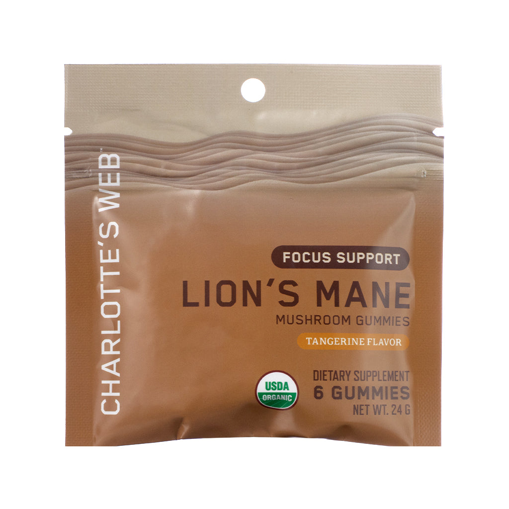 Front label view of Charlotte’s Web Focus Support with Lion’s Mane Mushroom Gummies, 6-count pack, in bright blue design with focused branding and functional mushroom benefits for cognitive clarity.

