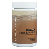 The front label of Charlotte's Web Focus Support Lion's Mane Mushroom Gummies 60 Gummies in tangerine flavor. The design features a wavy beige and brown background, with the Charlotte's Web logo printed vertically on the side. The label highlights the product’s focus support benefits and states it contains 60 gummies.
