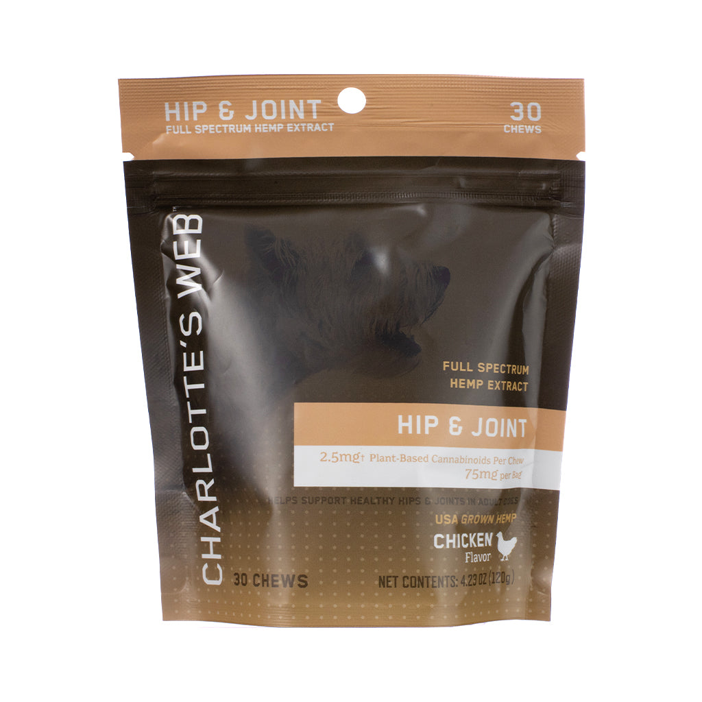  Image of Charlotte’s Web Hip and Joint Chews for Dogs, 30-count bag, showcasing dog silhouette graphic, calming green label, and joint-support claims with glucosamine and hemp extract ingredients.