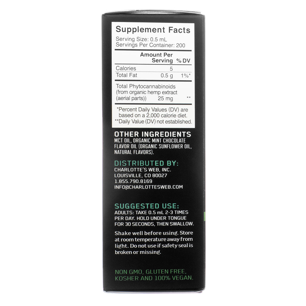 Supplement Facts panel of Charlotte's Web Original Formula Hemp Extract Mint Chocolate 100mL, showing serving size, phytocannabinoid content, ingredients, and usage instructions.
