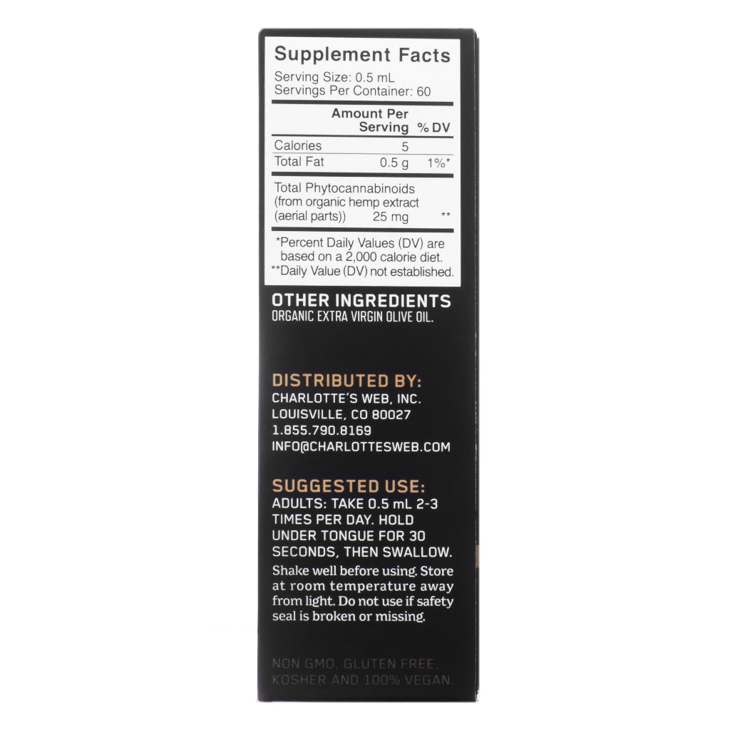 Back panel of Charlotte's Web Original Formula Hemp Extract Olive Oil Flavor 30 mL displaying supplement facts and usage directions, including 25 mg of phytocannabinoids per 0.5 mL serving.