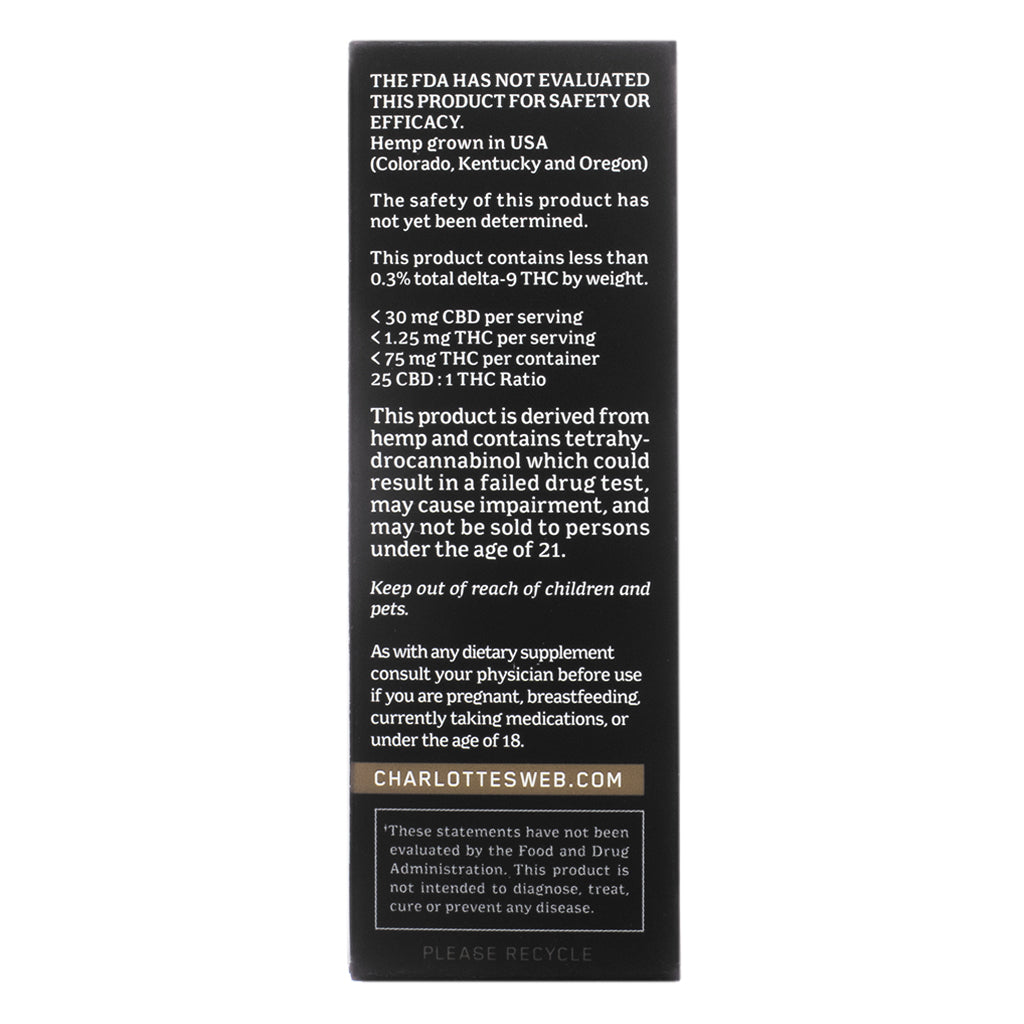 Side panel of Charlotte's Web Original Formula Hemp Extract 30 mL in Olive Oil Flavor, featuring a THC content disclaimer, usage warnings, and distributor contact information.