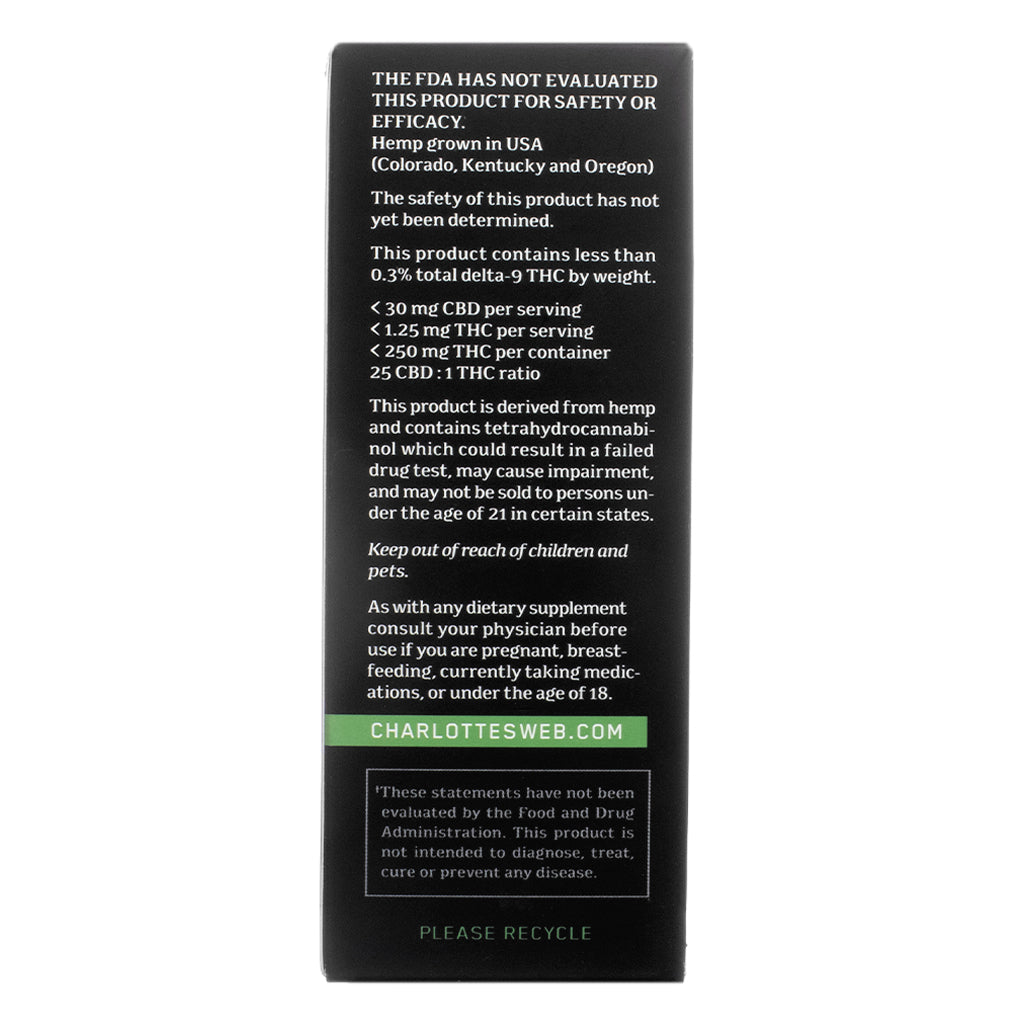 Safety and warning panel of Charlotte's Web Original Formula Hemp Extract Mint Chocolate 100mL, outlining THC content, age restrictions, and FDA disclaimer.