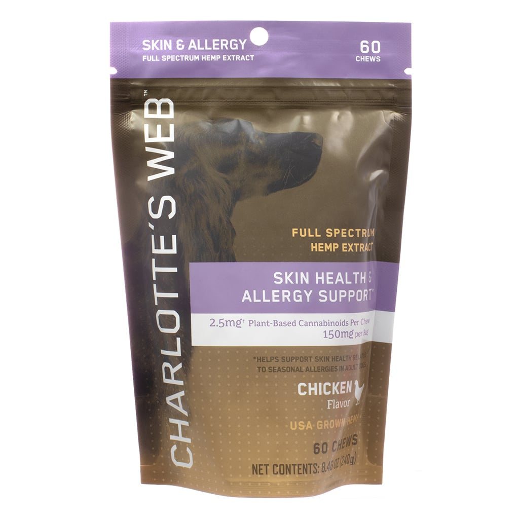 Charlotte's Web Skin & Allergy Support chews for dogs in a resealable pouch. These chicken-flavored chews contain full-spectrum hemp extract with 2.5mg plant-based cannabinoids per chew, supporting skin health and seasonal allergy relief. The package includes 60 chews (8.4 oz).