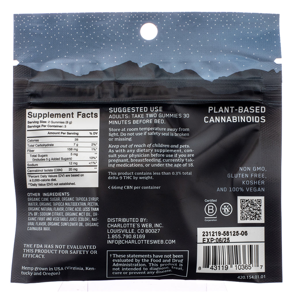 The back of a Charlotte's Web Stay Asleep Gummies pouch, displaying the supplement facts, suggested use, and ingredient list. The label notes 20 mg Cannabinol (CBN) per serving, non-GMO, gluten-free, kosher, and 100% vegan formulation, and an expiration date of 06/25. It also includes a cautionary statement and a barcode.