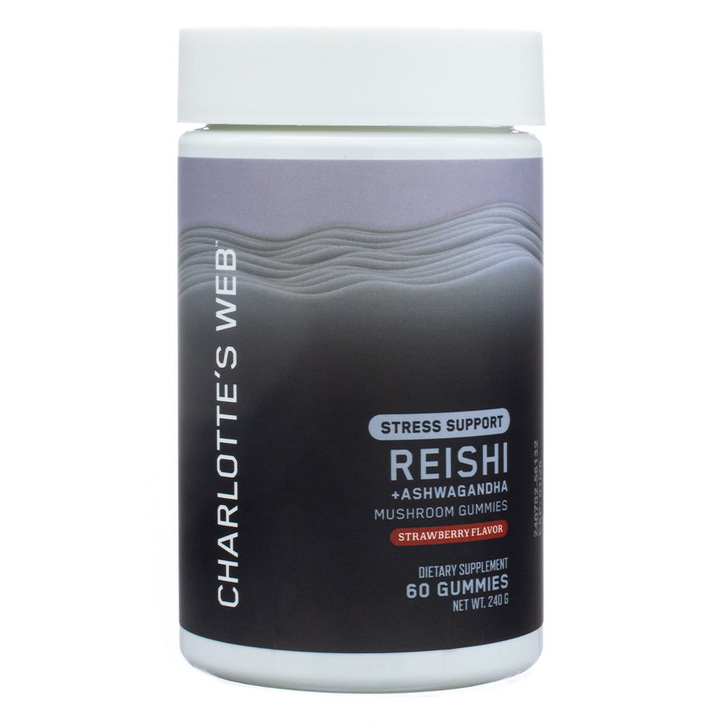 The front label of Charlotte's Web Stress Support with Reishi & Ashwagandha Mushroom Gummy 60 Gummies in Strawberry Flavor. Features branding, product benefits for stress support, and mentions key ingredients like reishi and ashwagandha. The container holds 60 gummies with a net weight of 240g.