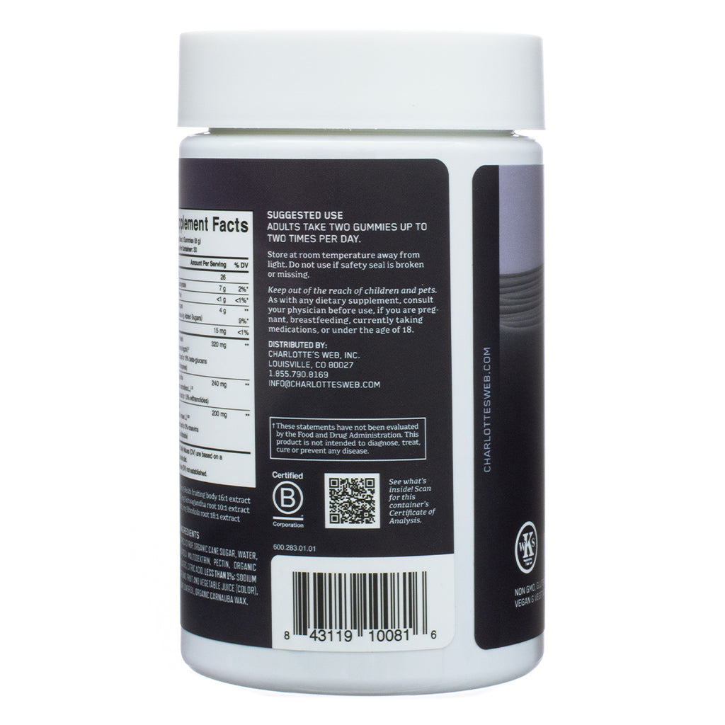 The back of Charlotte's Web Stress Support with Reishi & Ashwagandha Mushroom Gummy 60 Gummies, showing suggested use instructions, barcode, certification details, and warnings. Advises taking two gummies up to twice daily and highlights its organic certification.