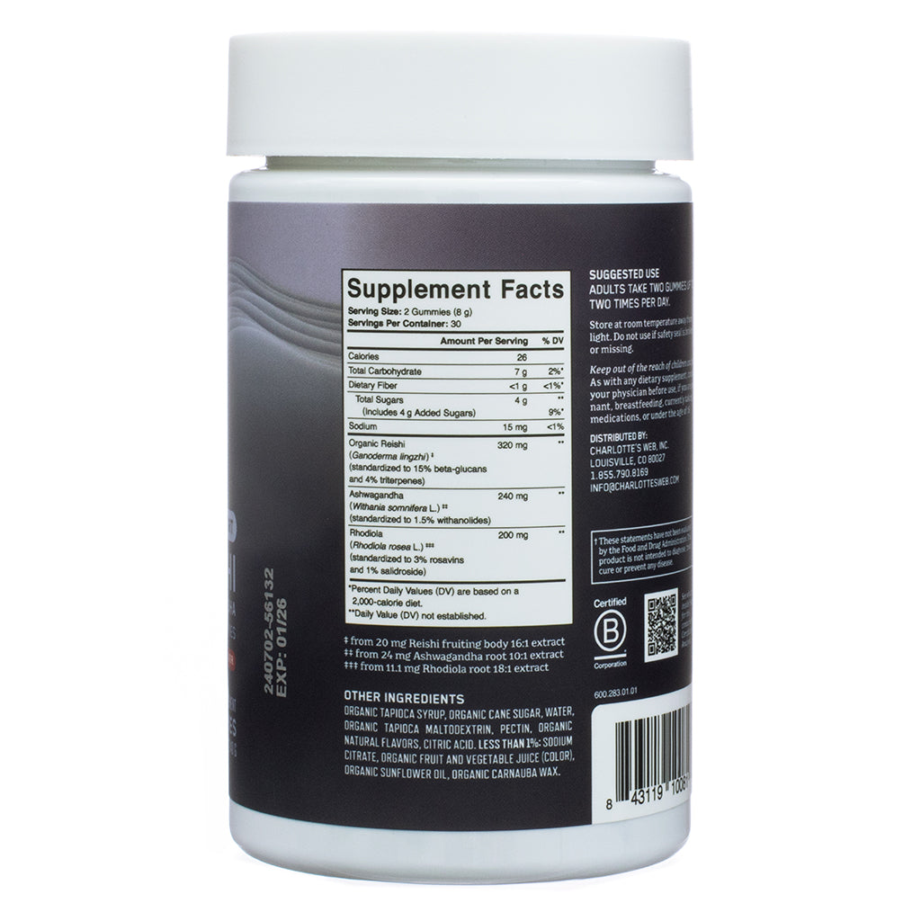 The back label of Charlotte's Web Stress Support with Reishi & Ashwagandha Mushroom Gummy 60 Gummies, displaying supplement facts, suggested use, and additional product details. Contains organic reishi, ashwagandha, and rhodiola extracts, with 26 calories per serving and 7g of carbohydrates. Certified organic and free from artificial additives.