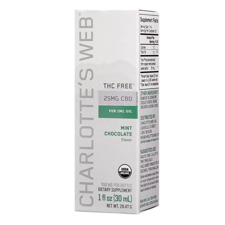 A 1 fl oz (30 mL) bottle of THC-free hemp extract by Charlotte's Web with 25mg of CBD per 1 mL serving. Mint Chocolate flavored, this USDA organic dietary supplement provides a flavorful way to support relaxation and focus without THC.