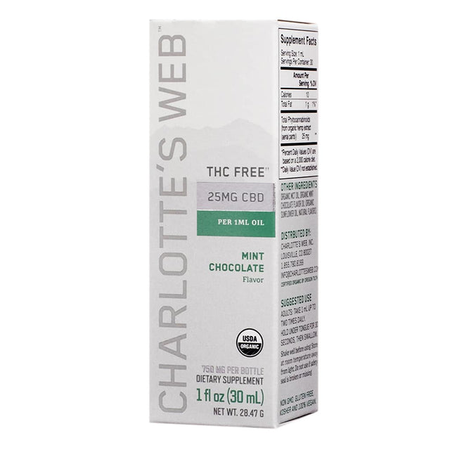 A 1 fl oz (30 mL) bottle of THC-free hemp extract by Charlotte's Web with 25mg of CBD per 1 mL serving. Mint Chocolate flavored, this USDA organic dietary supplement provides a flavorful way to support relaxation and focus without THC.