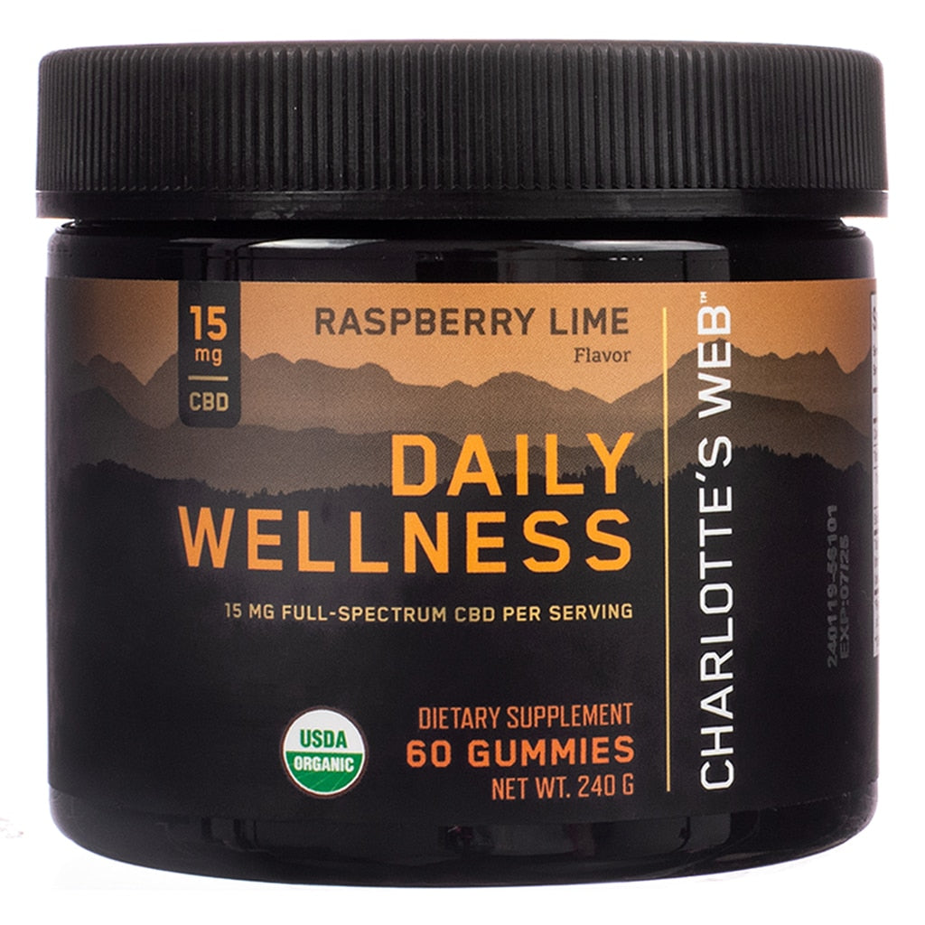 Charlotte's Web Daily Wellness Gummies in Raspberry Lime flavor, containing 15mg of full-spectrum CBD per gummy. This 60-count jar (240 g) is USDA organic, providing a convenient and tasty way to support daily balance and overall wellness.