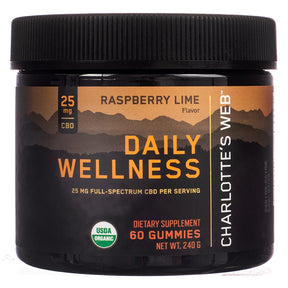 Charlotte's Web Daily Wellness Raspberry Lime gummies jar, black bottle with orange label, 60 gummies, USDA Organic