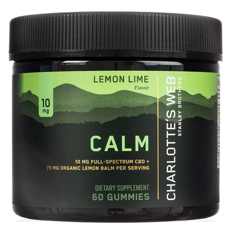 A jar of Charlotte's Web Calm Gummies with a refreshing lemon lime flavor. Contains 10 mg of full-spectrum CBD and 75 mg of organic lemon balm per gummy to support relaxation. Packaging emphasizes calmness with green design elements.