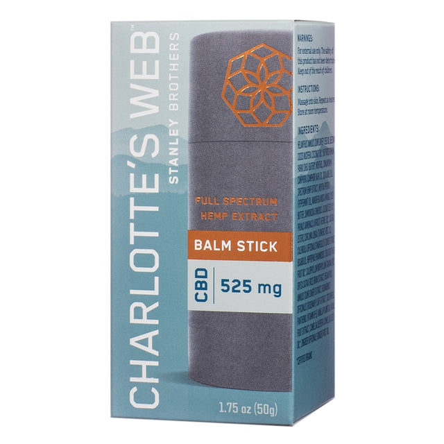 A box of Charlotte's Web Balm Stick containing 525 mg of full-spectrum hemp extract CBD. Designed for convenient topical application to soothe muscles and joints. The packaging highlights the product's natural ingredients and full-spectrum formulation.