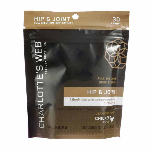 Resealable black and tan pouch of Charlotte’s Web Hip & Joint Full Spectrum Hemp Extract chews for dogs. The front label highlights 2.5mg of plant-based cannabinoids per chew, 75mg per bag, with 30 chicken-flavored chews made with USA-grown hemp to support healthy hips and joints.