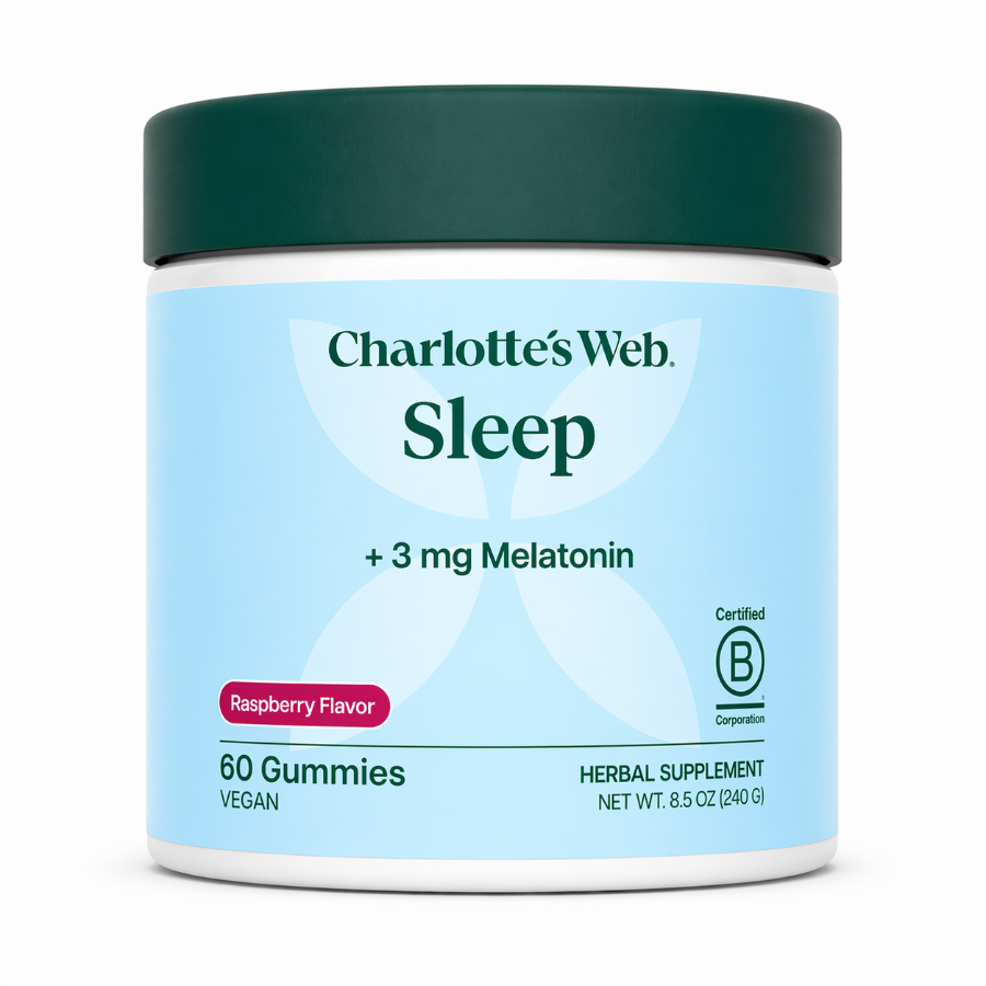 Charlotte’s Web Sleep Gummies jar with 3 mg melatonin, raspberry flavor, 60-count vegan supplement on white background