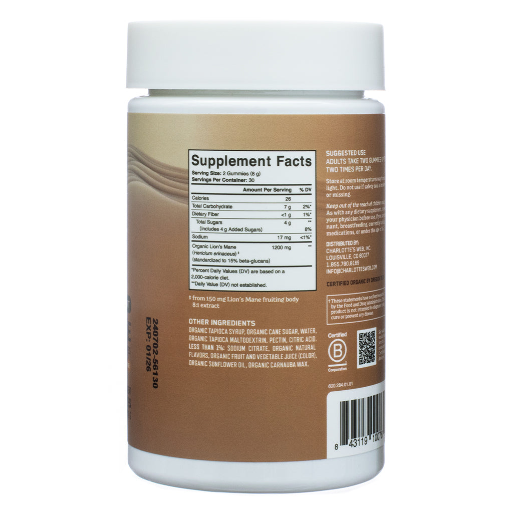 The back label of Charlotte's Web Focus Support Lion's Mane Mushroom Gummies 60 Gummies, showing the Supplement Facts panel. Highlights include 1200mg organic Lion’s Mane extract, 26 calories per serving, and 4g added sugars. Other ingredients include organic tapioca syrup, cane sugar, pectin, and natural flavors. The label also features certifications like USDA Organic and B Corporation.