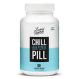 A white bottle of Lively Vitamin Co.'s dietary supplement, Chill Pill, featuring the tagline 'Less Stress. More Happy!' The label highlights that it contains 90 vegetable capsules and is doctor-reviewed, with a clean design in black, white, and light blue.