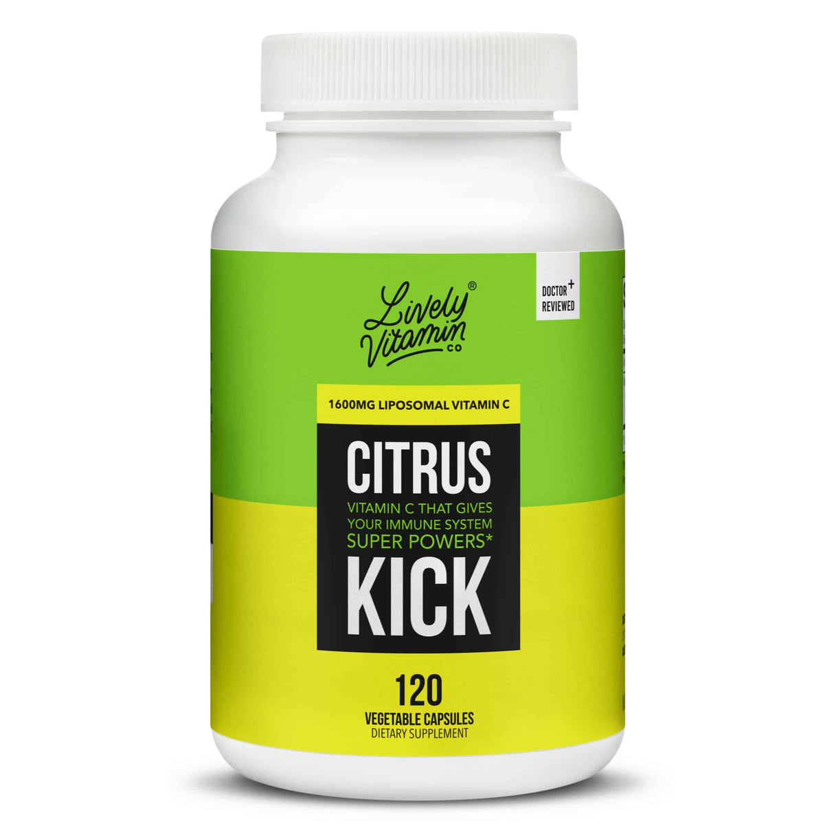 A bottle of Lively Vitamin Co. Citrus Kick dietary supplement with 120 vegetable capsules, containing 1600mg liposomal Vitamin C. The label is green and yellow, promoting immune system superpowers.