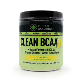 Clean Machine Clean BCAA Lemonade powder, black jar with neon green label, 30 servings