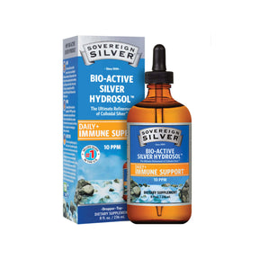 An 8 fl. oz. amber dropper bottle of Sovereign Silver Bio-Active Silver Hydrosol Daily Immune Support with box packaging. The label notes 10 PPM strength for immune health.