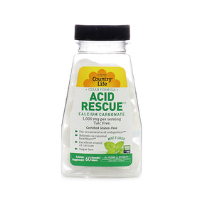 Country Life Acid Rescue Mint chewable tablets bottle, clear bottle with black cap and green-white label, 60 count