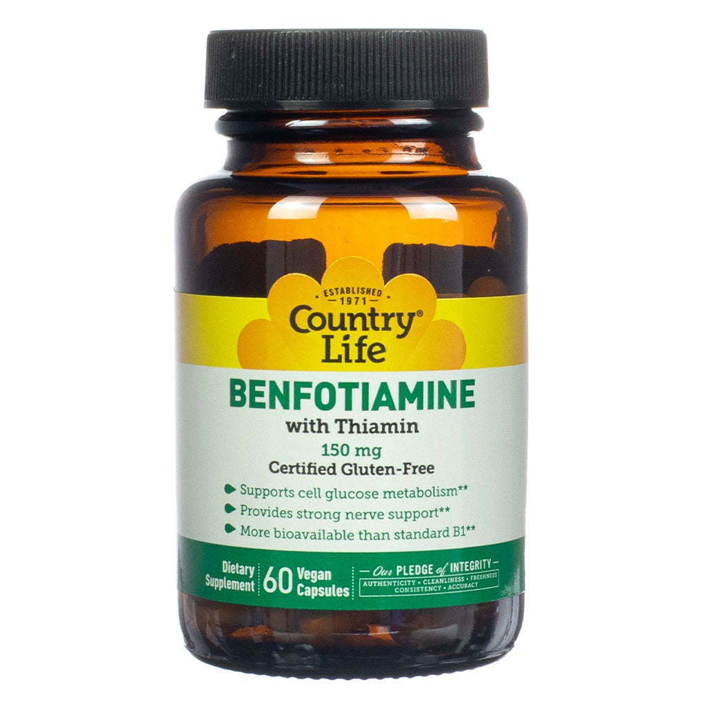 A brown glass bottle labeled "Country Life Benfotiamine with Thiamin 150 mg," promoting cell glucose metabolism, strong nerve support, and enhanced bioavailability compared to standard B1. Contains 60 vegan capsules, certified gluten-free.