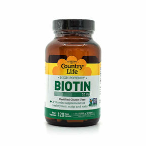 Country Life High Potency Biotin 10 mg 120 capsules amber bottle with yellow, white and green label