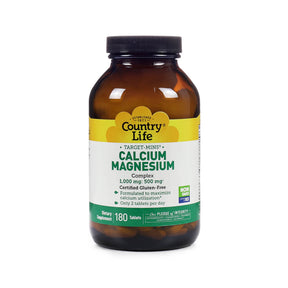 Country Life Target-Mins Calcium Magnesium Complex 180 tablets amber bottle with yellow, white and green label