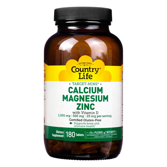 Country Life Calcium Magnesium Zinc dietary supplement in a 180-tablet bottle. Features a gluten-free label and promotes bone and immune health with added vitamin D. The amber bottle has a yellow and white label detailing the ingredients and benefits.