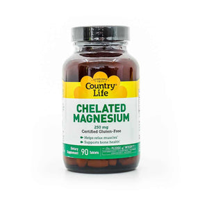 Country Life Chelated Magnesium 250 mg 90 tablets amber bottle with yellow, white, and green label