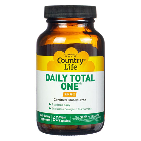 A clear amber bottle with the label "Country Life Daily Total One Iron-Free," featuring a coenzyme B-vitamin blend for daily use. Contains 60 vegan capsules, certified gluten-free for added convenience.