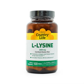 Country Life L-Lysine 1000 mg bottle, amber plastic with yellow and white label, 100 tablets