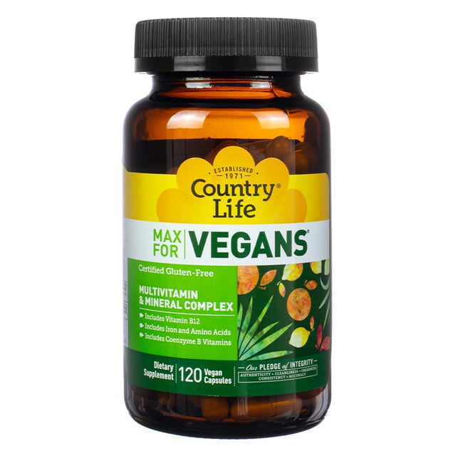 A brown glass bottle titled "Country Life Max for Vegans," offering a multivitamin and mineral complex with vitamin B12, iron, amino acids, and coenzyme B vitamins. Contains 120 vegan capsules and is certified gluten-free.