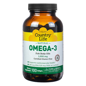 Country Life Natural Omega-3 Fish Body Oils 1000 mg, amber bottle with yellow and white label, 100 softgels