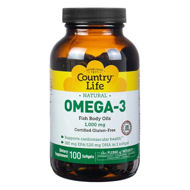 A sturdy amber glass bottle with the label "Country Life Natural Omega-3 Fish Body Oils," delivering 1,000 mg of fish oil per softgel with 180 mg EPA and 120 mg DHA. Supports cardiovascular health, certified gluten-free, and includes 100 softgels.