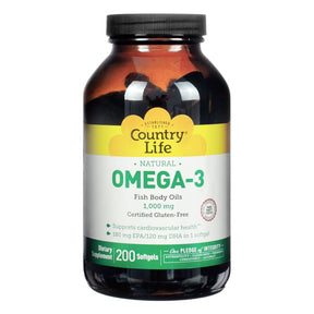 Country Life Omega-3 Fish Body Oils 1000 mg, amber bottle with yellow and white label, 200 softgels
