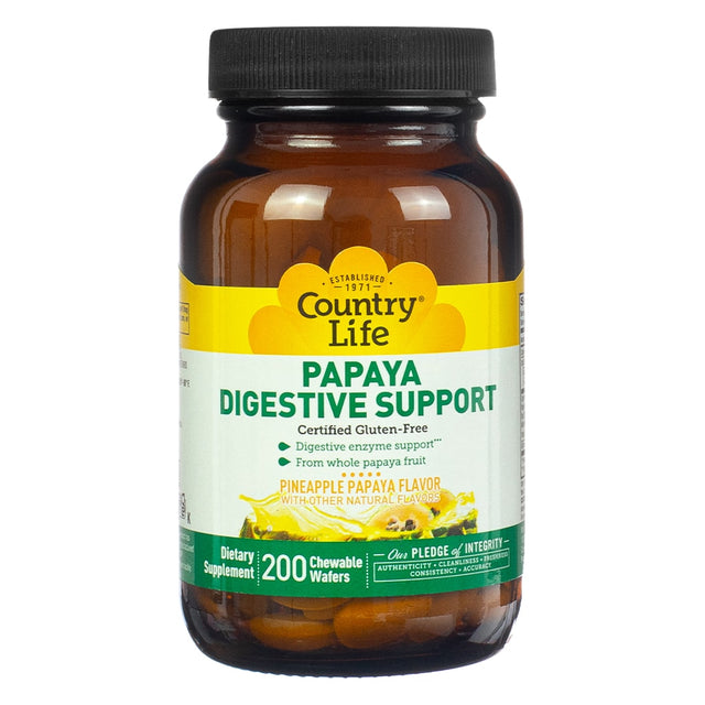 An amber bottle labeled "Country Life Papaya Digestive Support," featuring chewable wafers with a pineapple-papaya flavor. This product is certified gluten-free and supports digestive enzyme function with ingredients from whole papaya fruit.