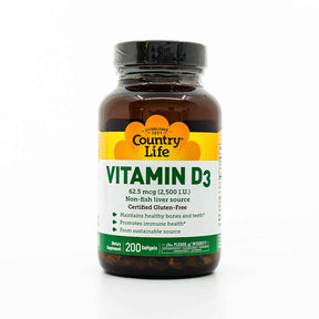 Country Life Vitamin D3 2500 IU amber bottle, yellow and white label, 200 softgels