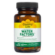 An amber bottle of "Country Life Maximized Water Factors," containing 60 gluten-free tablets designed for cellular electrolyte balance and metabolic regulation. It features ingredients like Uva Ursi leaf extract, Buchu leaf extract, and Burdock root for comprehensive cell support.