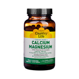 Amber bottle of Country Life Calcium Magnesium with Vitamin D Complex, featuring a yellow and green front label that states 1,000 mg calcium and 500 mg magnesium per serving with 400 IU Vitamin D. Contains 120 vegan capsules and is certified gluten-free.