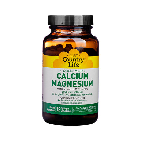 Amber bottle of Country Life Calcium Magnesium with Vitamin D Complex, featuring a yellow and green front label that states 1,000 mg calcium and 500 mg magnesium per serving with 400 IU Vitamin D. Contains 120 vegan capsules and is certified gluten-free.