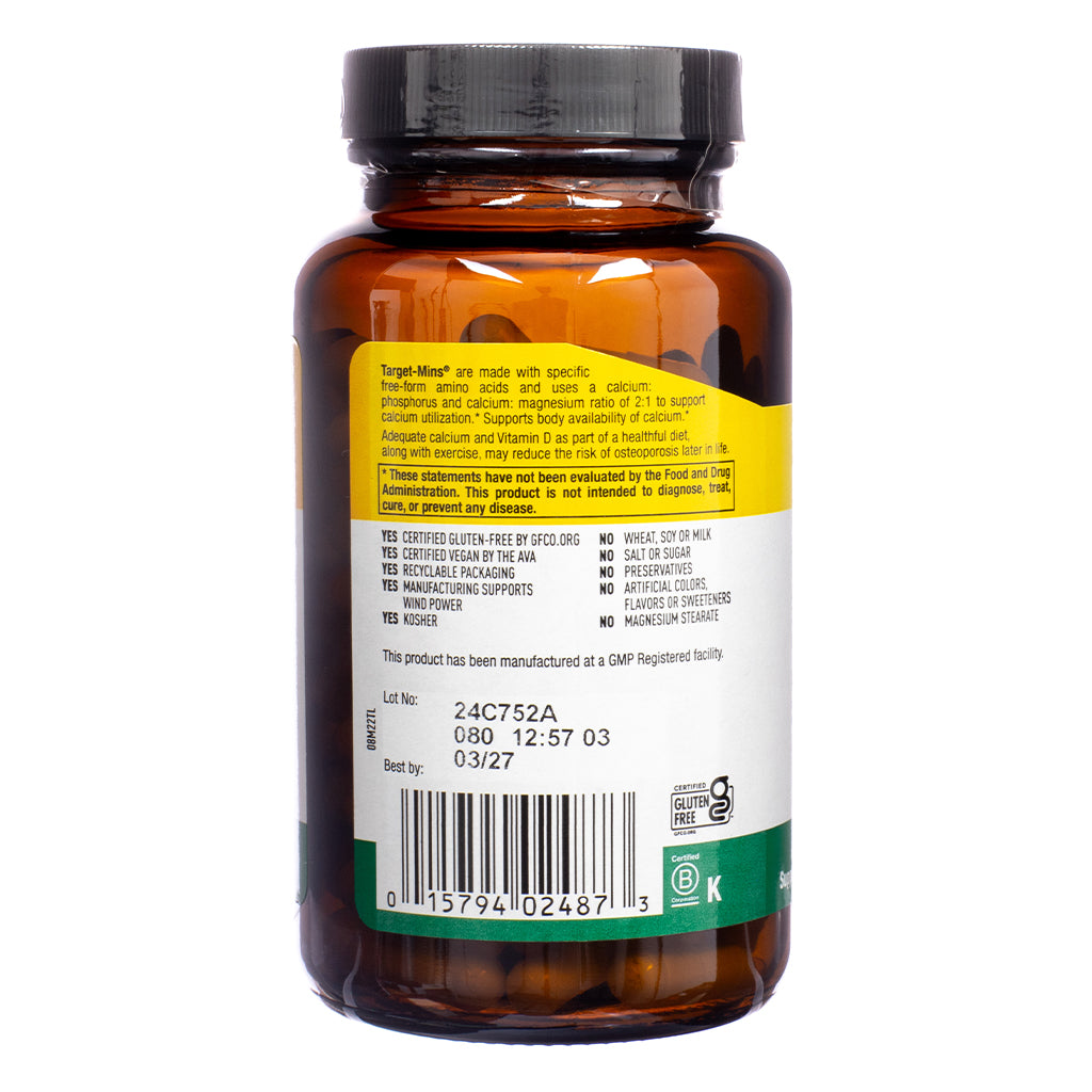 Side label of Country Life Calcium Magnesium with Vitamin D Complex 120 Capsules describing benefits like support for calcium absorption and bone health. The label lists certifications including gluten-free, vegan, kosher, and includes a barcode and GMP manufacturing note.

