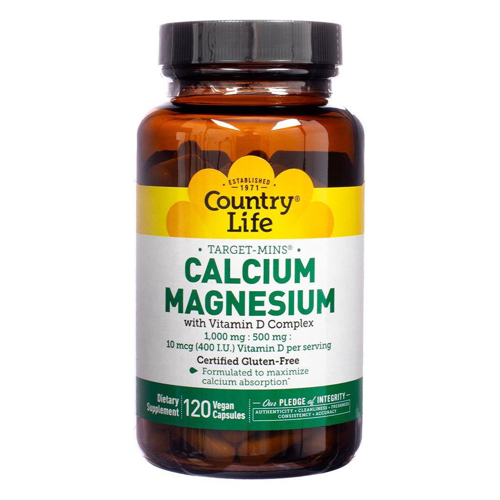 Bottle of Country Life Calcium Magnesium with Vitamin D Complex featuring the front label that highlights a 1000 mg to 500 mg calcium-magnesium ratio, 10 mcg of Vitamin D, and gluten-free certification. The label notes 120 vegan capsules and a formulation aimed at maximizing calcium absorption.