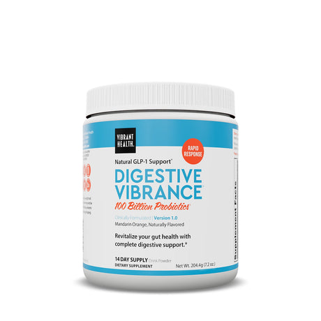 Vibrant Health Digestive Vibrance 100 billion probiotics powder, 14 day supply, mandarin orange, 7.2 oz tub